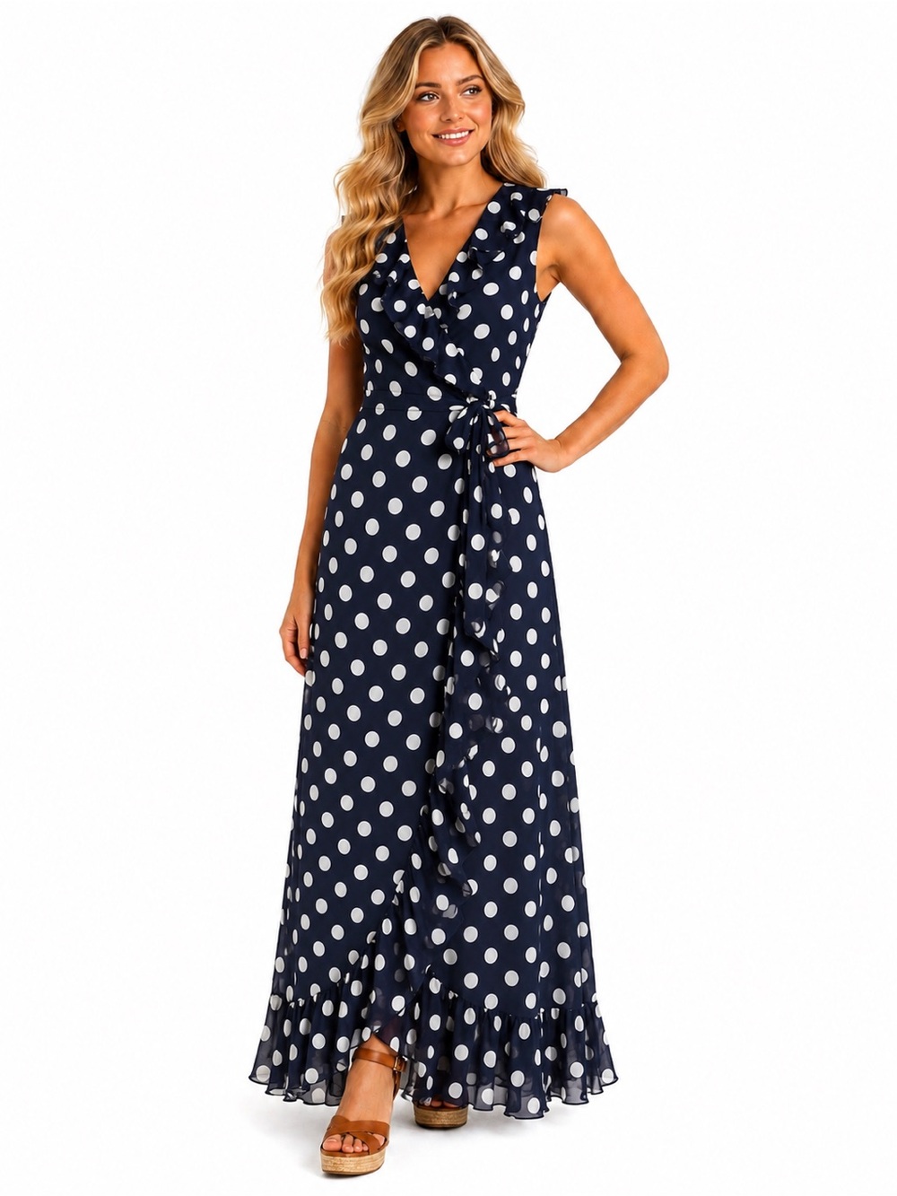 London Times Navy and White Polka Dot Faux Wrap Maxi Dress